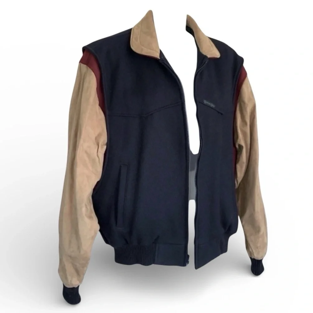 Cripple Creek jacket Men's M navy wool/tan faux suede, Western arena, zips, EUC